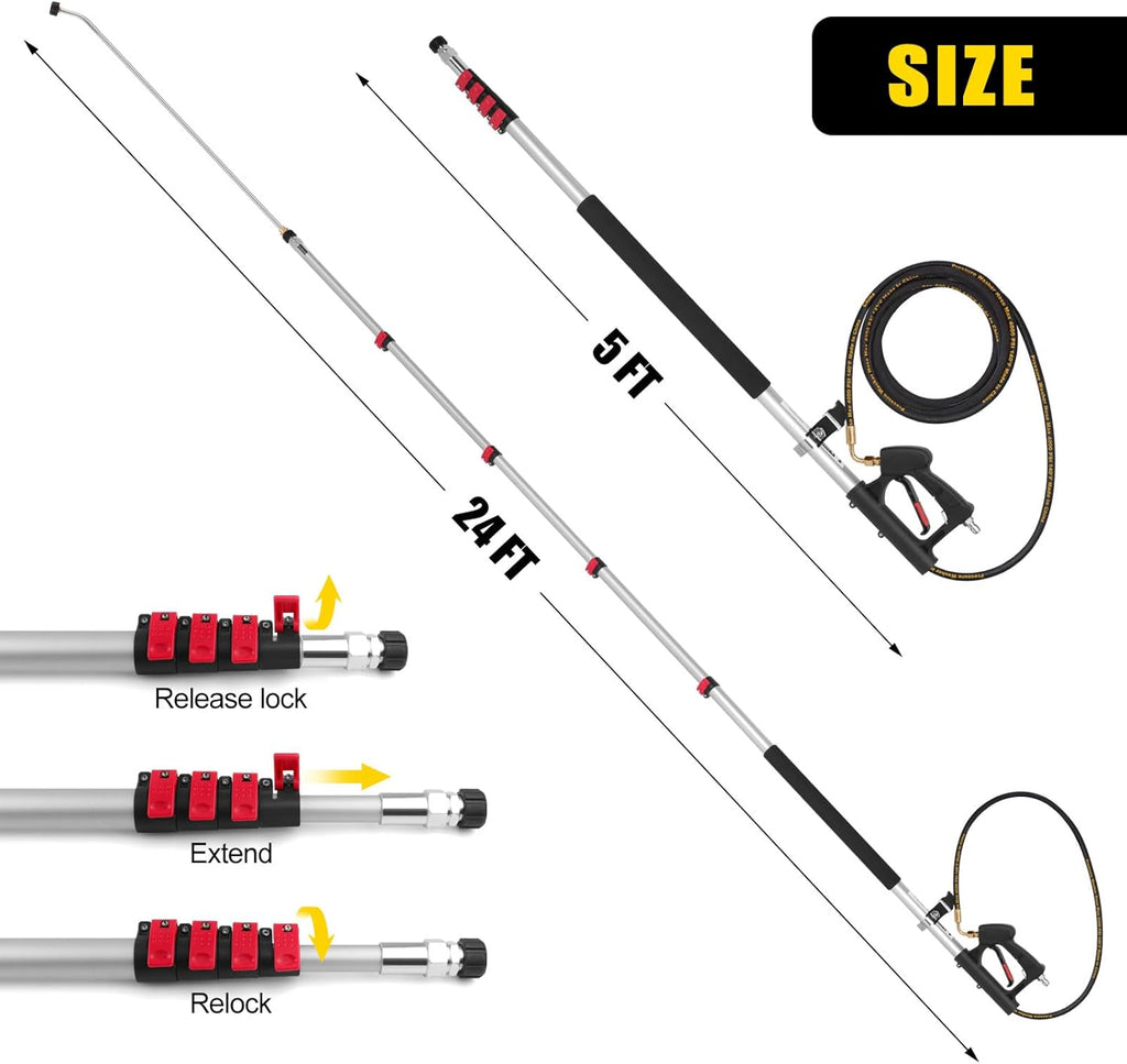 24 FT Telescoping Pressure Washer Wand with Power Washer Extension Wand, Gutter Cleaner Attachment, 4 Adapters, 7 Spray Nozzles & Support Belt Pressure Washer Extension Pole for Wall Roof Gutter