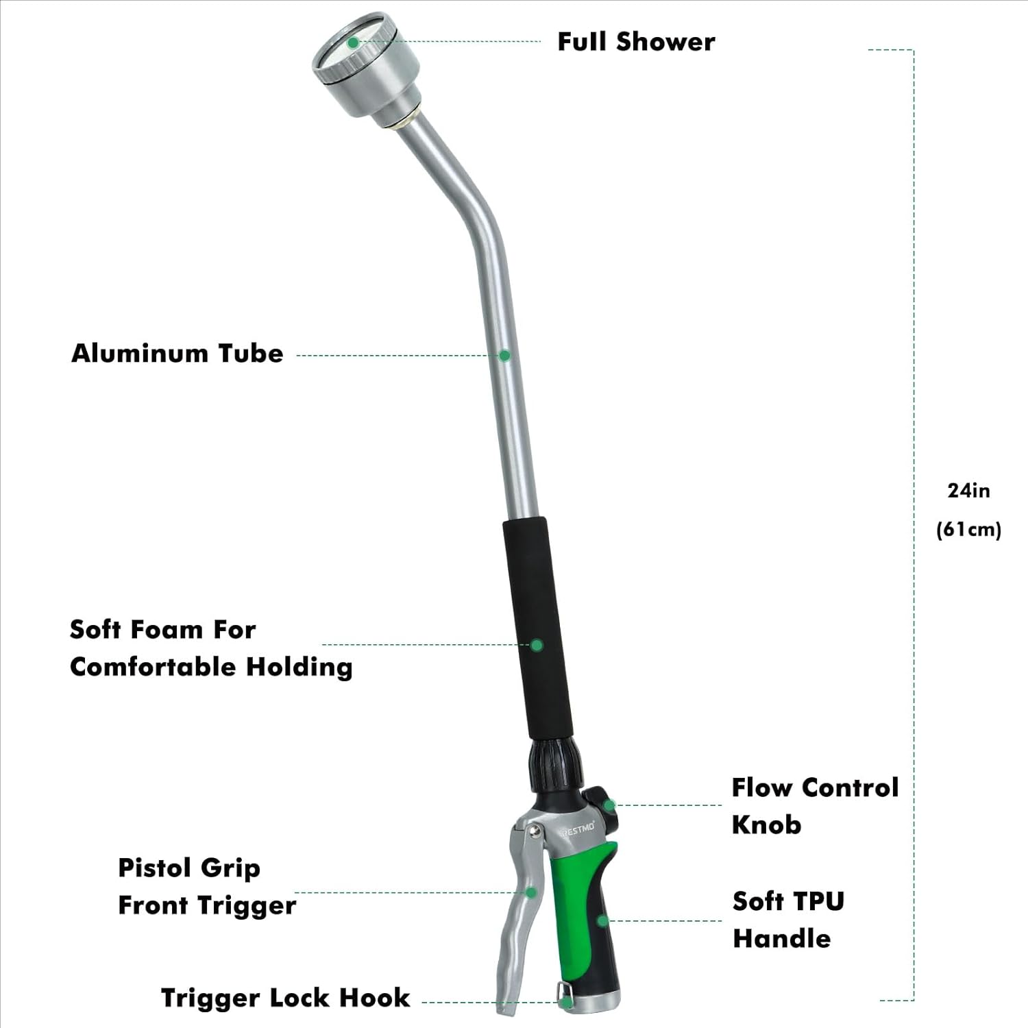 RESTMO Long Watering Wand, 24 Inches Gentle Soft Full Shower Sprayer Wand with Flow Control, Heavy Duty Metal Hose Wand for Hanging Baskets, Shrubs, Plants, Flowers, Garden and Lawn