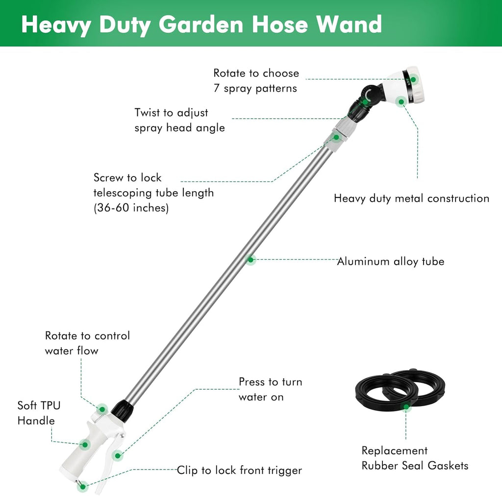 RESTMO 36”-60” Metal Watering Wand, Long Telescopic Tube | 180° Adjustable Ratcheting Head | 7 Spray Patterns | Flow Control, Garden Hose Sprayer to Water Hanging Baskets, Shrubs, White