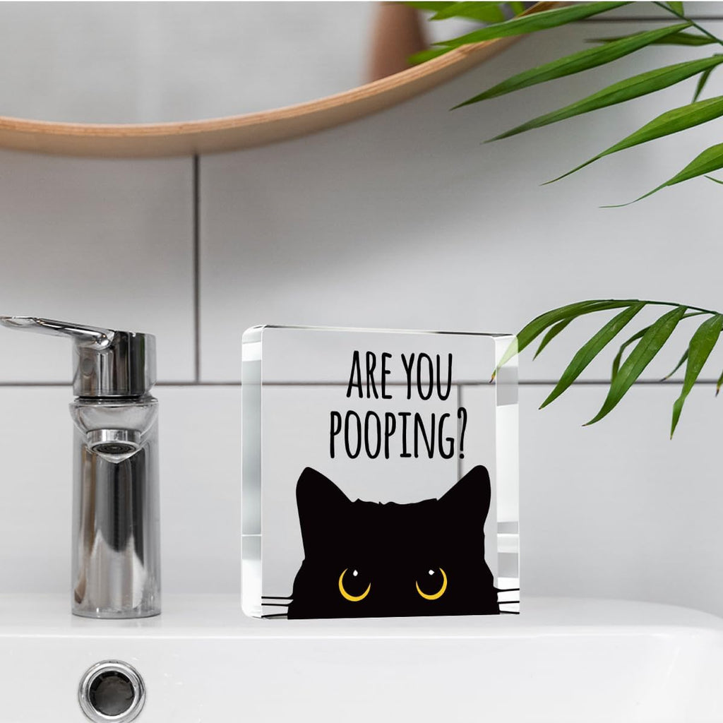 Are You Pooping Funny Sign，Black Cat Decor， Cat Bathroom Decor，Home Decor Bathroom Acrylic Creative Gift Cat Gifts for Women Cat Lovers，Funny Decorate Retro for Home Toilet 4x4 Inches
