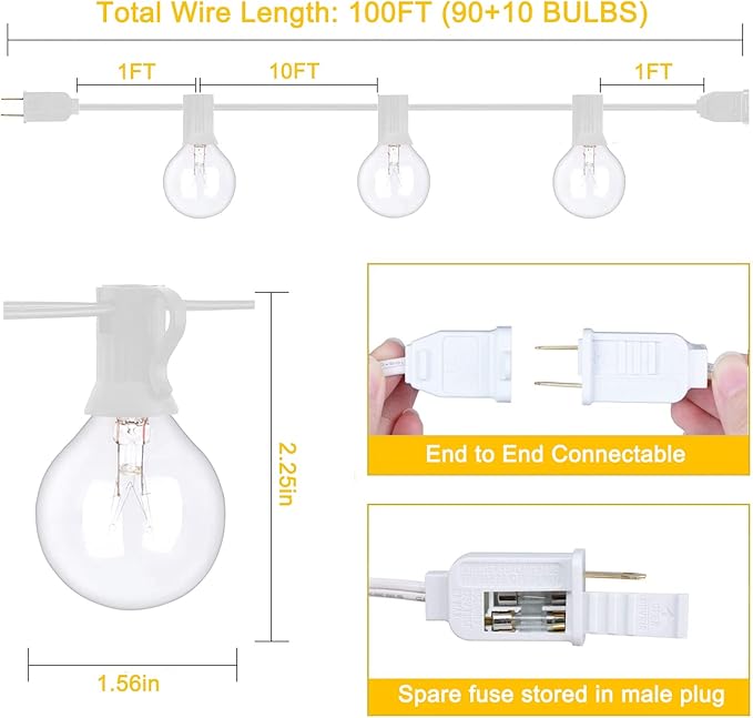 100Ft G40 Outdoor String Lights Patio Lights with 100 Edison Globe Bulbs, Connectable Outdoor String Lights Waterproof UL Listed for Indoor Porch Party Wedding Deck Balcony Wedding Party Decor- White