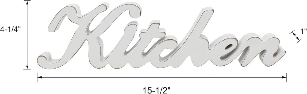 CVHOMEDECO. Rustic Vintage Distressed White Wooden Words Sign Free Standing "Kitchen" Desk/Table/Shelf/Door/Home Wall Decoration Art, 15-1/2 x 4-1/4 x 1 Inch