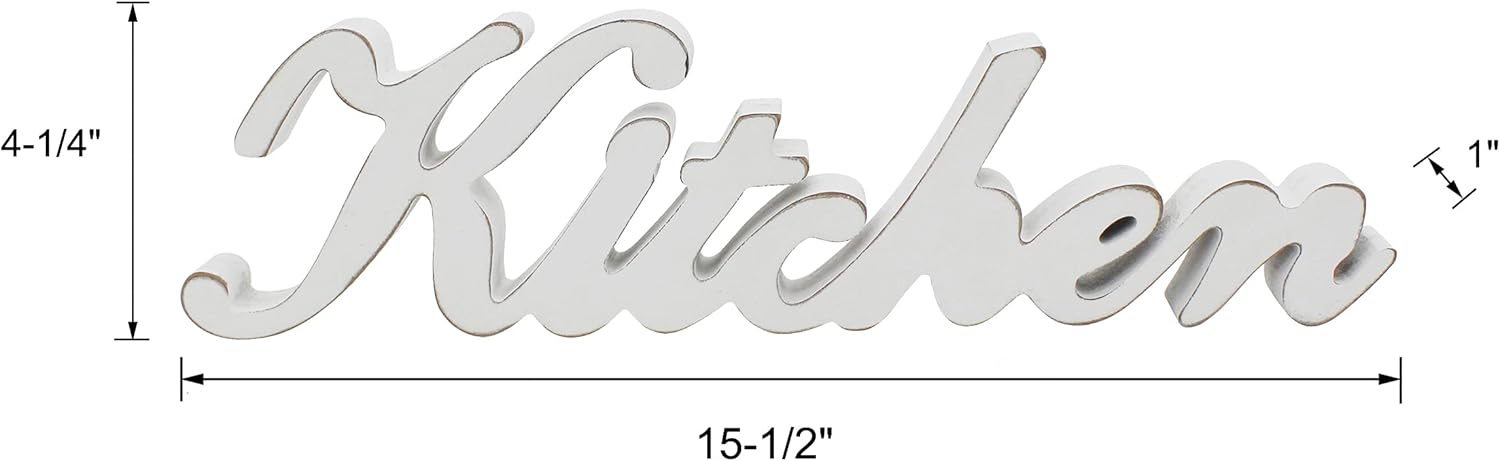 CVHOMEDECO. Rustic Vintage Distressed White Wooden Words Sign Free Standing "Kitchen" Desk/Table/Shelf/Door/Home Wall Decoration Art, 15-1/2 x 4-1/4 x 1 Inch