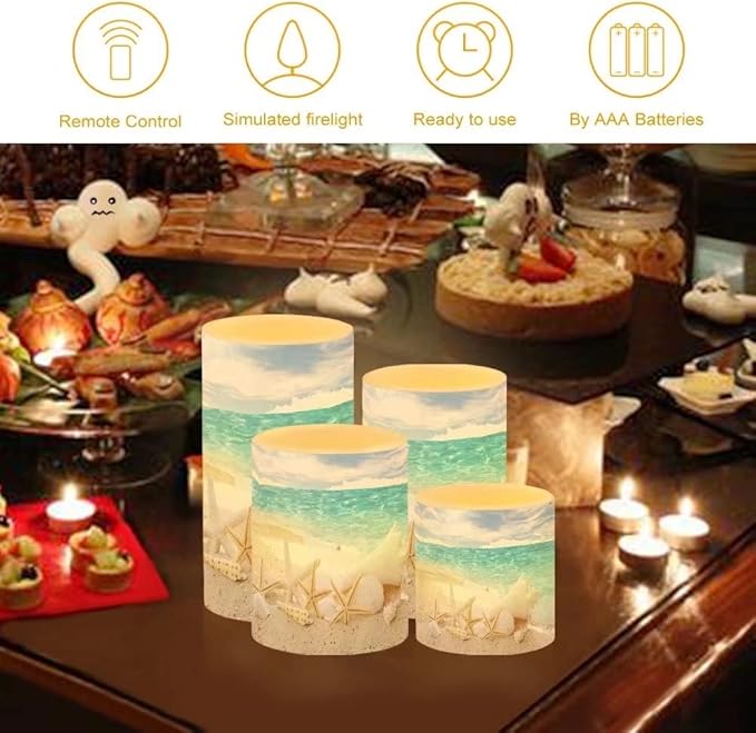 Beach Starfish Seashell Flameless Light Candles Battery Powered with Timer Remote Color Chaging Pillar Candle with Warm Yellow Color Changing Light Pack of 4
