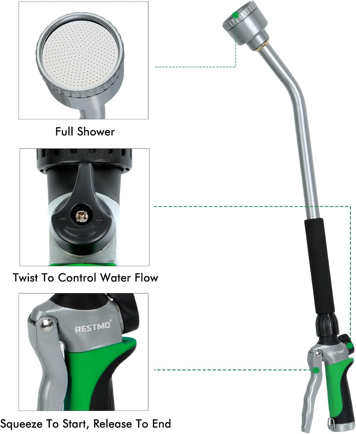 RESTMO Long Watering Wand, 24 Inches Gentle Soft Full Shower Sprayer Wand with Flow Control, Heavy Duty Metal Hose Wand for Hanging Baskets, Shrubs, Plants, Flowers, Garden and Lawn