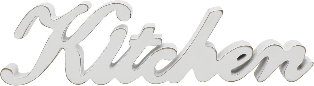 CVHOMEDECO. Rustic Vintage Distressed White Wooden Words Sign Free Standing "Kitchen" Desk/Table/Shelf/Door/Home Wall Decoration Art, 15-1/2 x 4-1/4 x 1 Inch