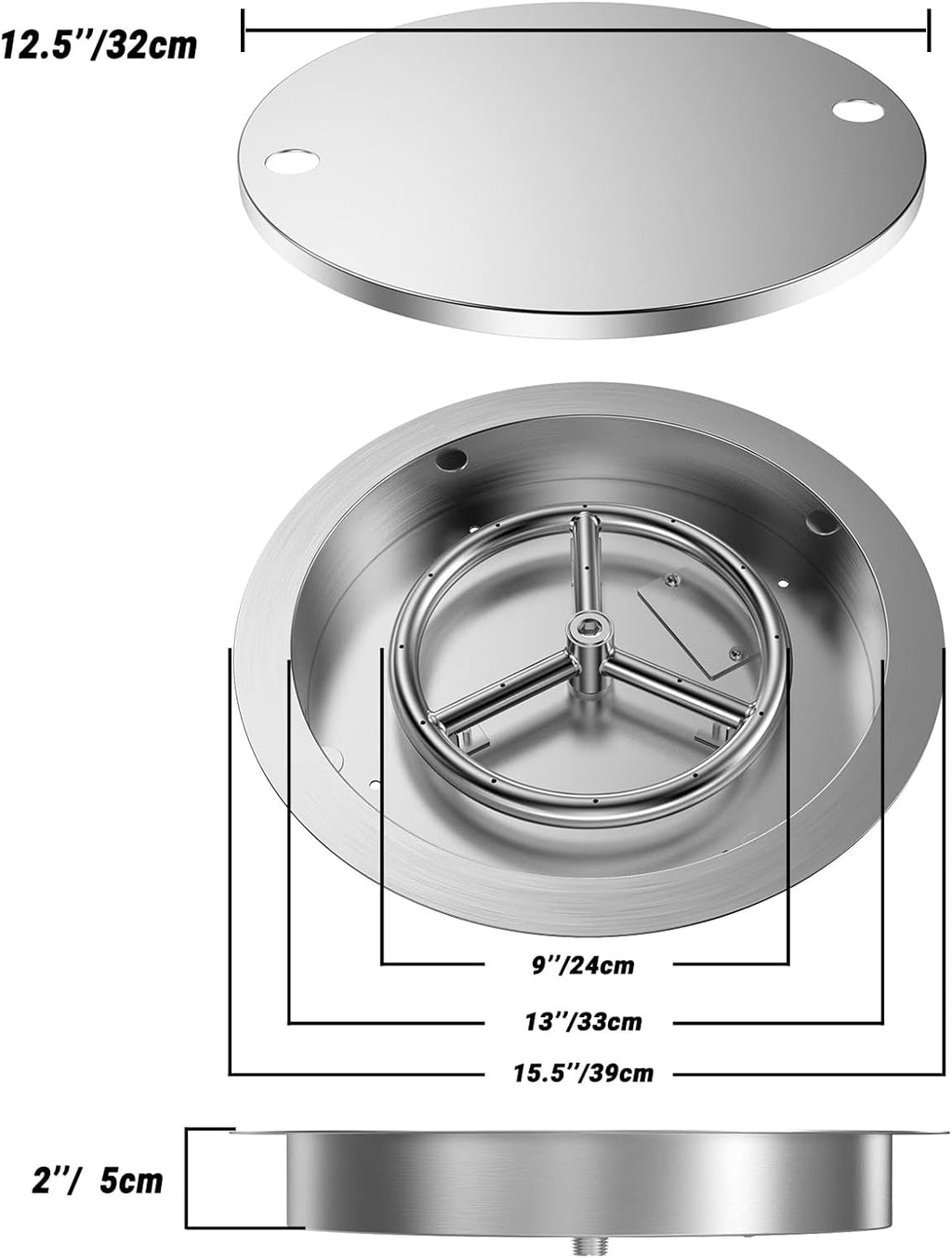 Skyflame 13 Inch Round Stainless Steel Drop in Fire Pit Pan Fire Bowl with Burner Ring and Protective Cover