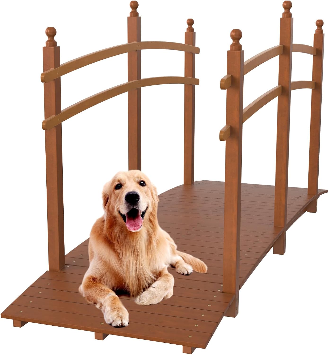 VINGLI Garden Bridge, Classic Wooden Arch with Safety Rails Footbridge (Brown, 7.5 ft)