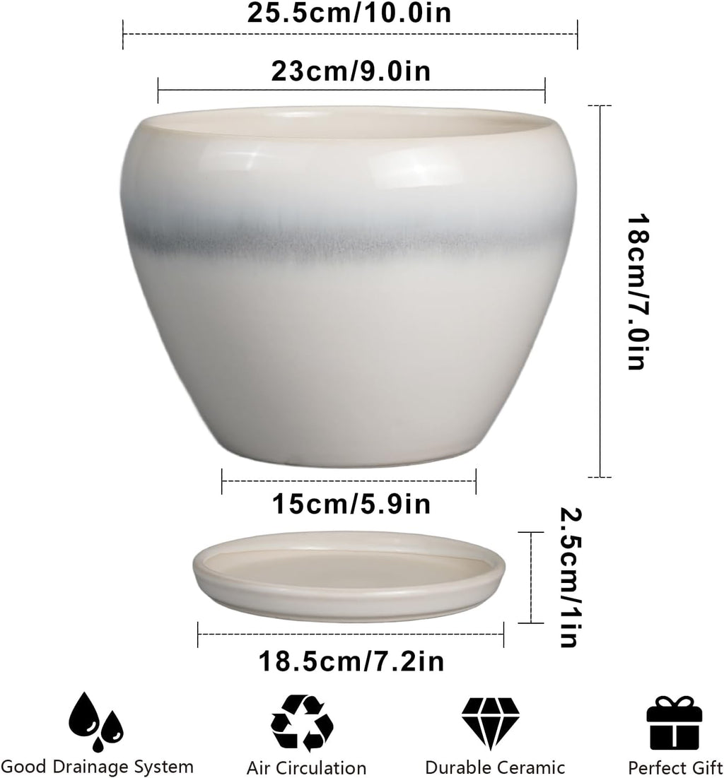 10 Inch Ceramic Planter Pot - Large Plant Pot with Drainage Hole and Saucer Round Flower Pot for Indoor Plants, White