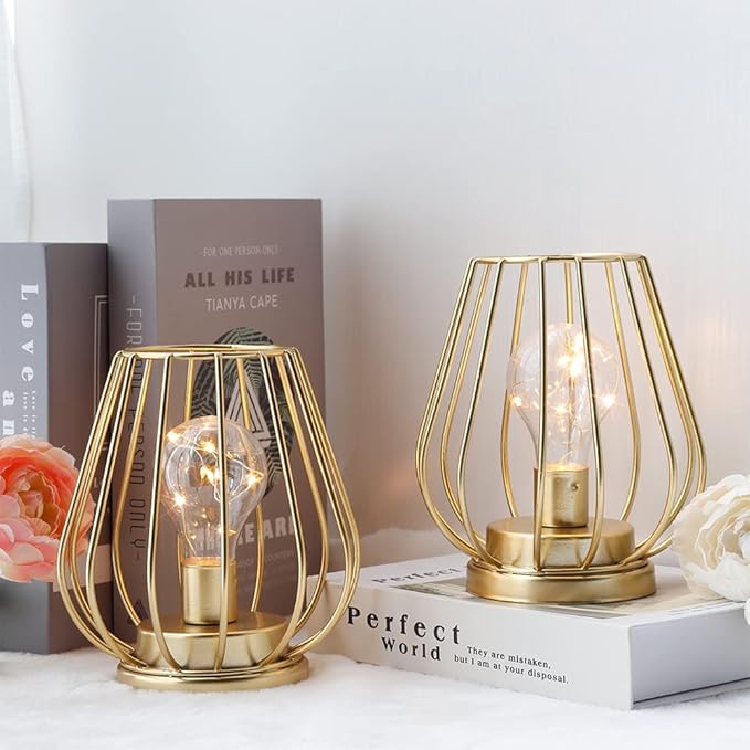 TRIROCKS Set of 2 Metal Battery Operated Lamp 7'' Tall Cage Shape Cordless Table Lamp Battery Lanterns with Warm Fairy Lights Bulb for Patio Garden Wedding Parties Indoor Outdoor(Gold)