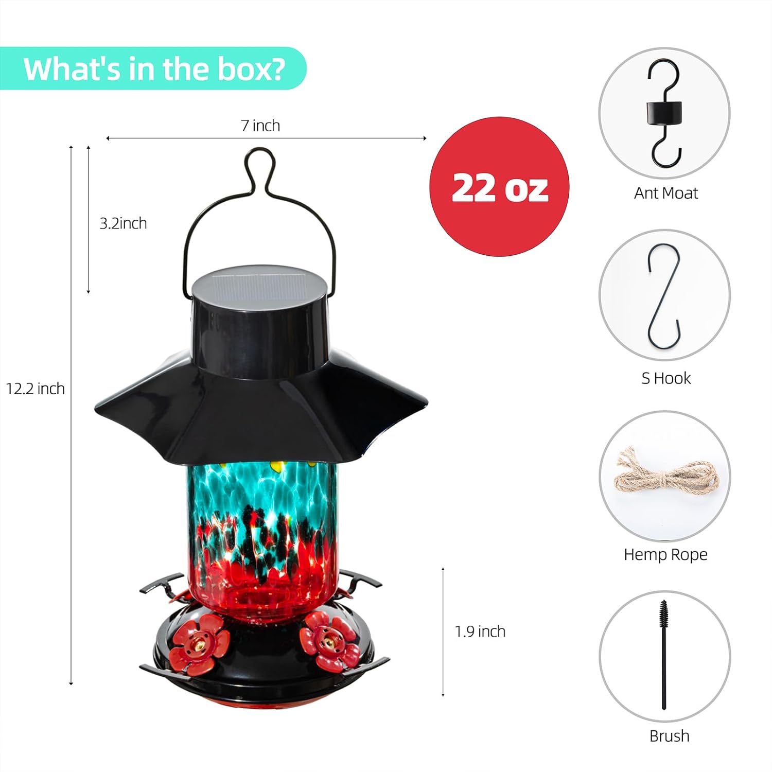 Muse Garden Gifts for Women Solar Hummingbird Feeders for Outdoors Hanging Ant and Bee Proof, Hand Blown Glass Lantern Garden Decor, Moms Birthday Unique, 28oz, Teal Yellow