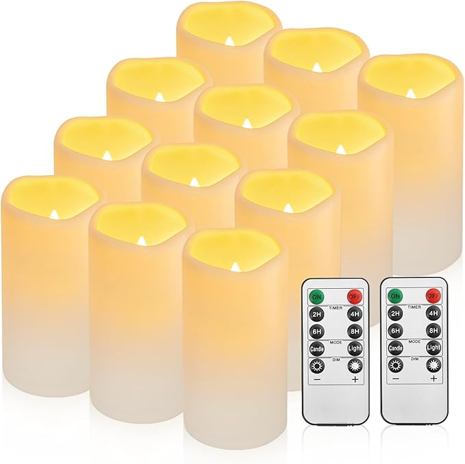 Waterproof Flameless Remote Control Candles 12PACK（D3''*H5.5''） Battery Operated Flickering LED Pillar Candle，plastic with 10-Key 24Hours Timer for Outdoor/Indoor Party Garden Lanterns Porch Ivory