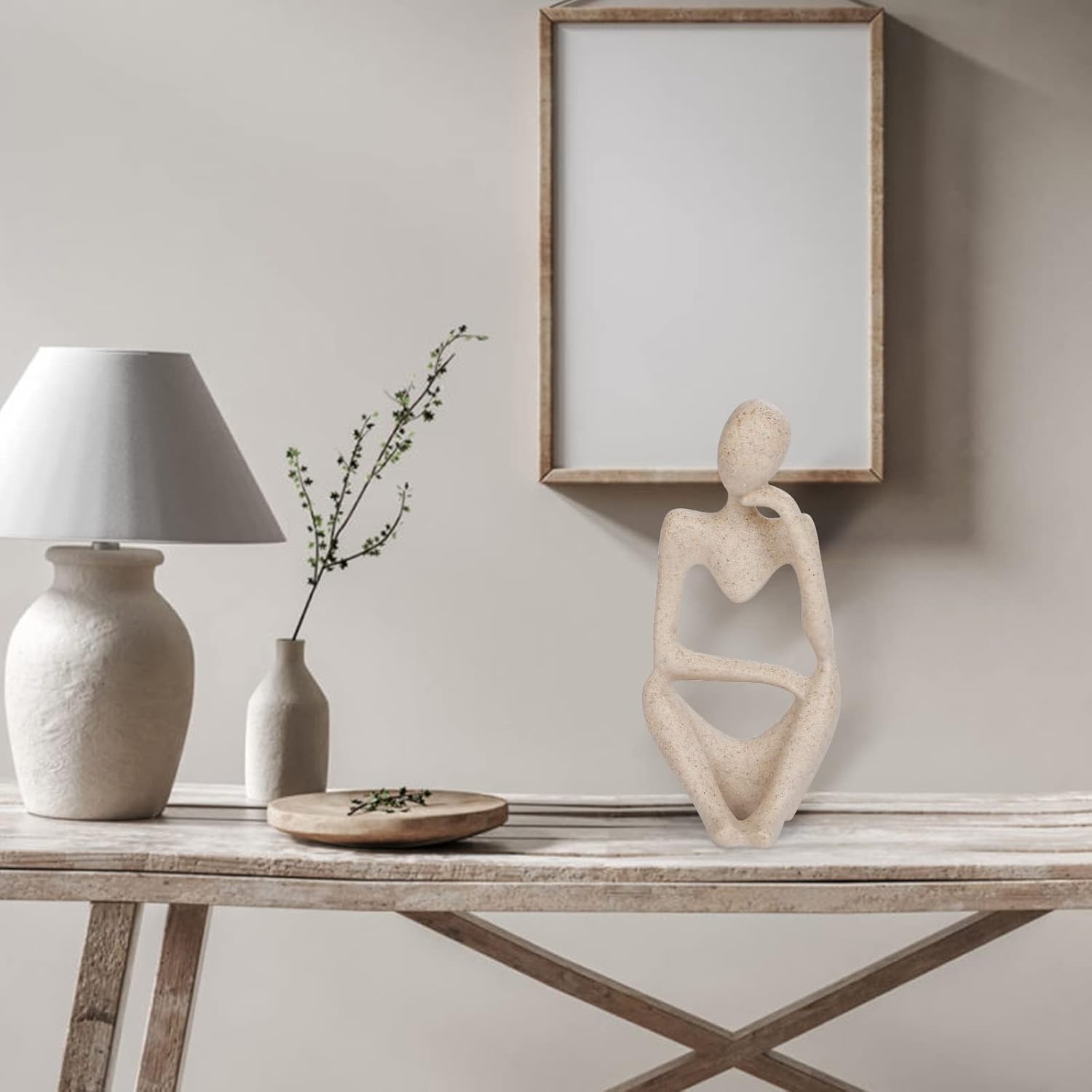 INNOLITES Boho Decor Thinker Statue Abstract Art Sculpture, Sandstone Resin Collectible Figurines for Home Living Room Office Shelf Decoration (Sandstone,Right)