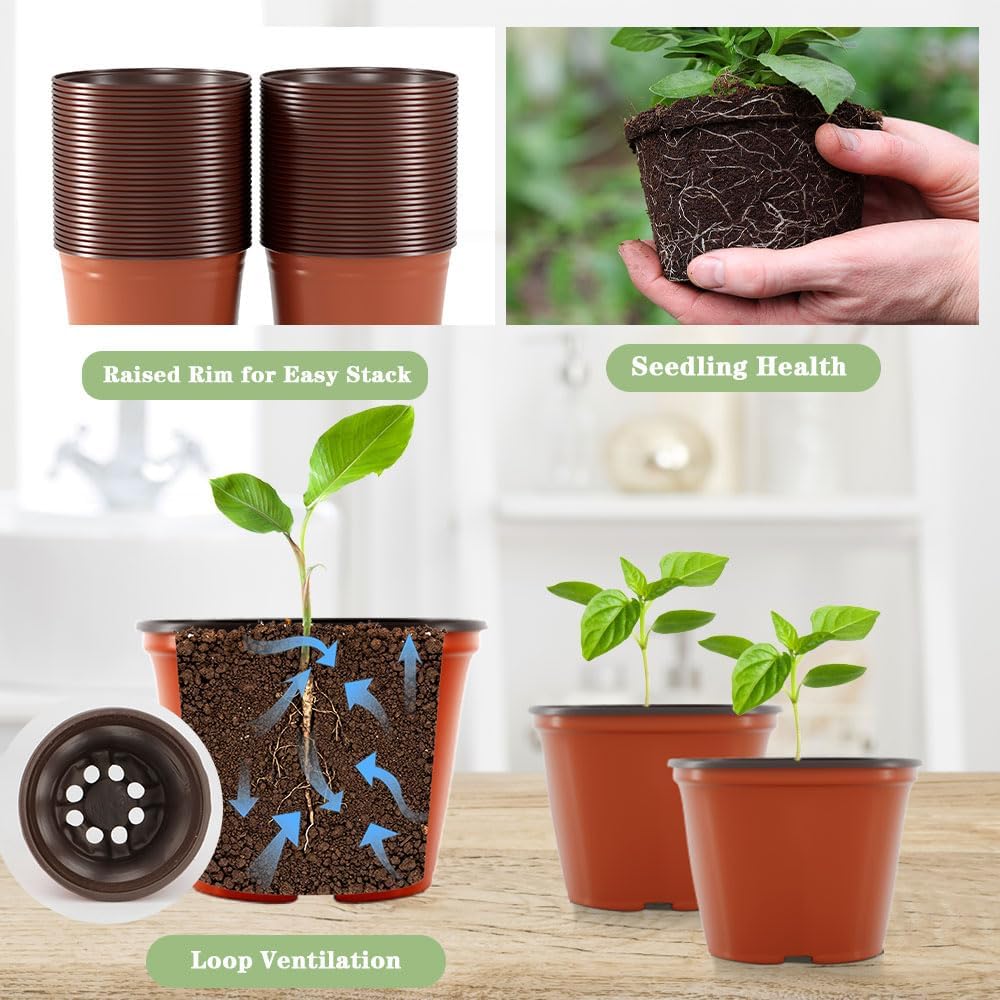 100 Pcs Plant Nursery Pots, 4 Inch Small Plant Seedling Pots with Labels Plastic Plant Flower Pots with Drainage Holes Indoor Outdoor for Succulent Cutting Transplanting