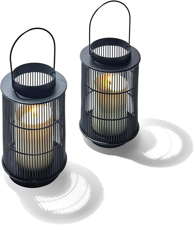 LampLust Outdoor Lantern Decorative Outdoor Patio Decor, Set of 2, 8 Inch Candle Lanterns, Black Metal, Outdoor Lanterns for Patio Waterproof, Battery Included, Modern Farmhouse Front Porch Décor