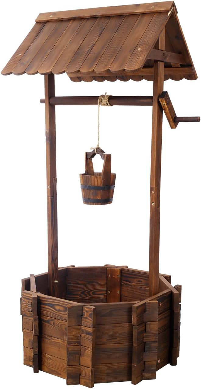 ZeHuoGe Rustic Wooden Wishing Well Planter Outdoor Home Décor for Patio, Garden, Yard w/Hanging Bucket (25 Inch)