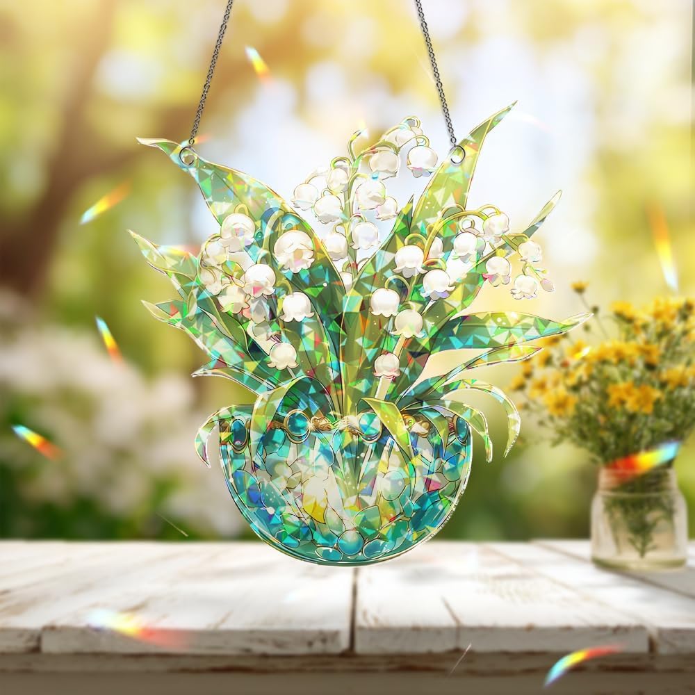 Lily of The Valley Acrylic Suncatcher – Stained Glass Ornament, Sun Catchers for Windows Hanging, Window Decor and Handmade Gift Idea, Gifts for Mom, Grandma, Nana, Plant Lovers