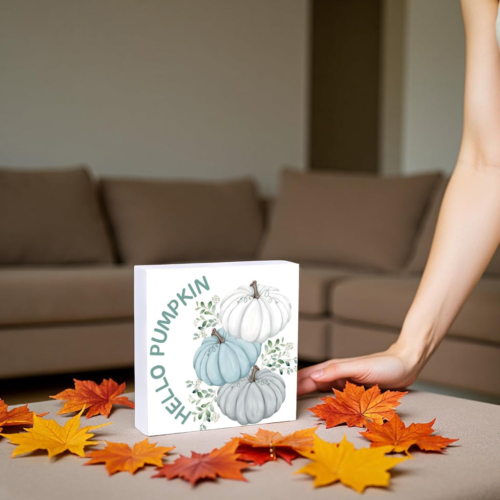 Fall Decorations for Home Fall Decor Home Room Hello Pumpkin Table Wood Box Sign Rustic Wooden Shelf Desk Office Decor Season Sign House Warming Gifts 5.9 x 5.9 Inch