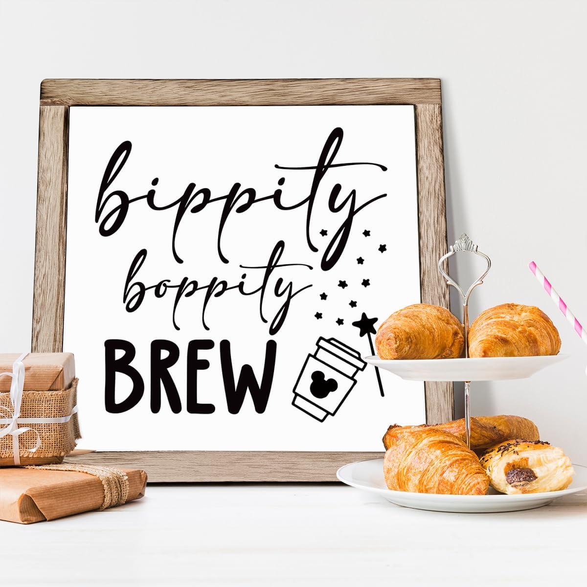 Bippity Boppity Wood Plaque Sign, Box Wood Plaques Desk Décor, Rustic Wooden Coffee Table Sign, Kitchen Home Decor, Tabletop Decor Sign, Coffee Lover Gift, Disney Lover Gift 9.9×9.9inch