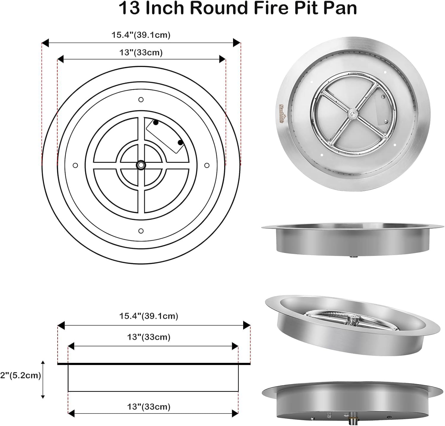 Stanbroil 13-Inch Drop-in Fire Pit Burner Pan, Round Fire Pit Insert for Propane & Natural Gas DIY Fire Table, Stainless Steel Firepit, BTU 88,000 Max