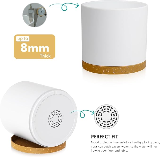 12 Inch Large Deep Plant Pots for Outdoor Indoor Plants, Cylinder Tall Flower Pots with Drainage Holes and Saucer, Big Decorative Plastic Planter Pots for Garden House Plants, White with Brown