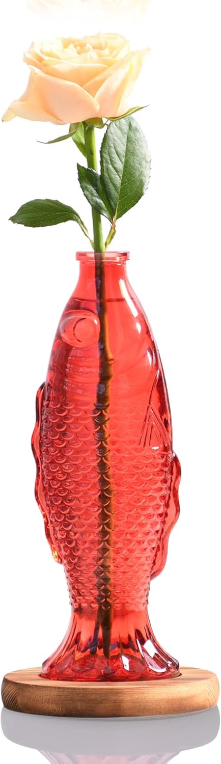 Nacome Fish Vase Glass Plant Terrarium with Wooden Stand,Planter Propagation Station for Home Office Hydroponics Desk Decoration,Unique Gardening Gifts for Plant Lovers Women Mom(Red)