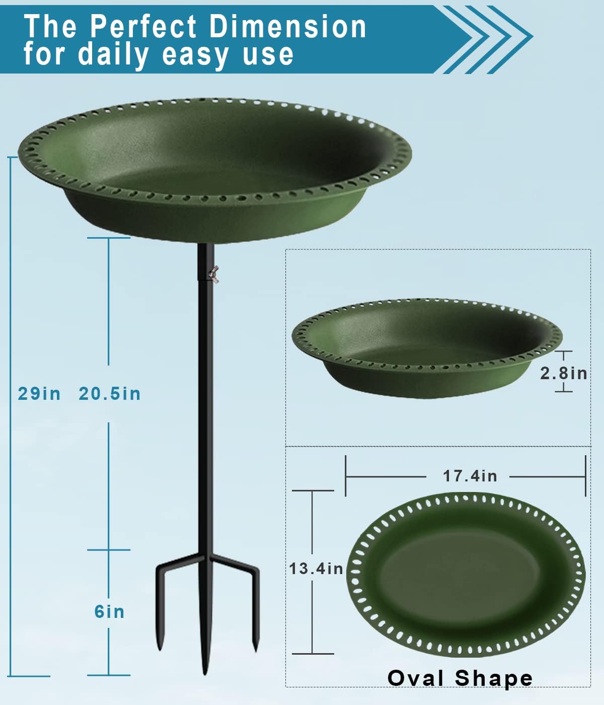 Koutemie 1-¼ Gallon Detachable Freestanding Garden Bird Bath Bird Feeder Bowl with Metal Stake for Outdoor, Deep Green, 29 Inch