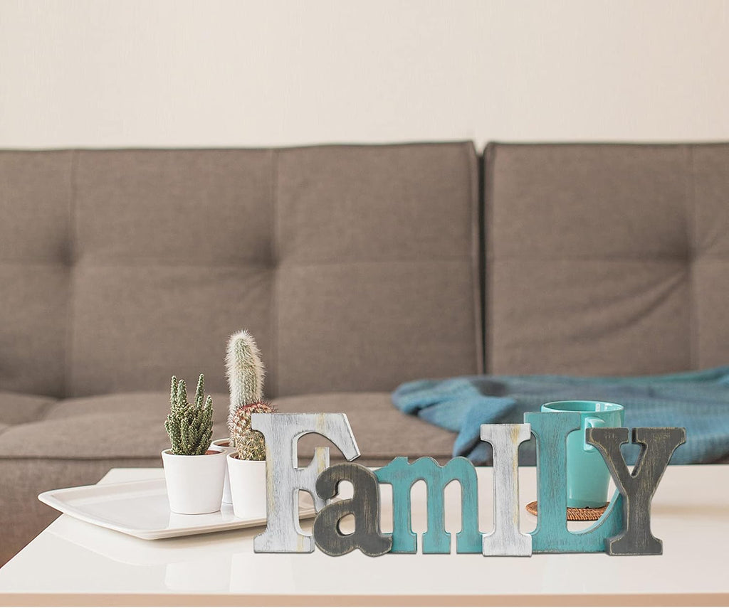 E-view Wooden Letters Sign Decorative Wood Block Signs Freestanding Word Cutout Distressed Teal Sign for Shelf Table Mantle Hanging Ornament Rustic Home Decor (Family)