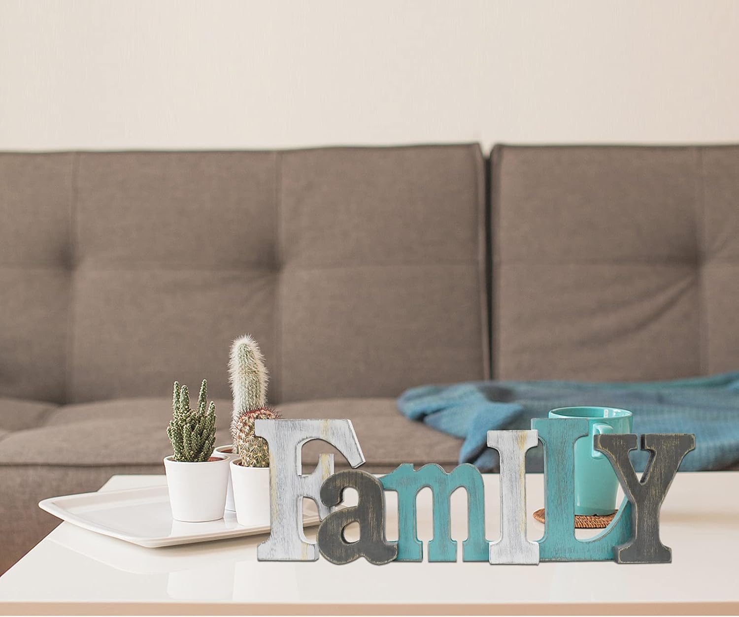 E-view Wooden Letters Sign Decorative Wood Block Signs Freestanding Word Cutout Distressed Teal Sign for Shelf Table Mantle Hanging Ornament Rustic Home Decor (Family)