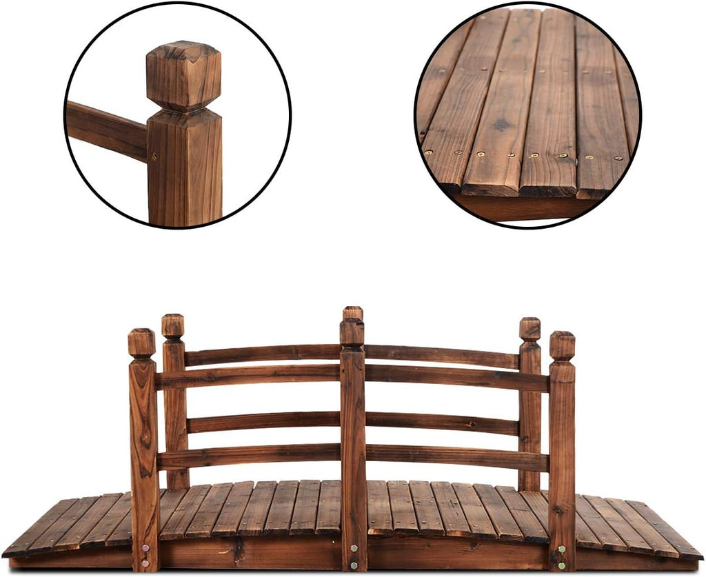 S AFSTAR Wooden Garden Bridge, 5FT Stain Finished Arch Footbridge with Safety Rails for Garden Patio Yard, Outdoor Pond Bridge & Wishing Well Planter Set