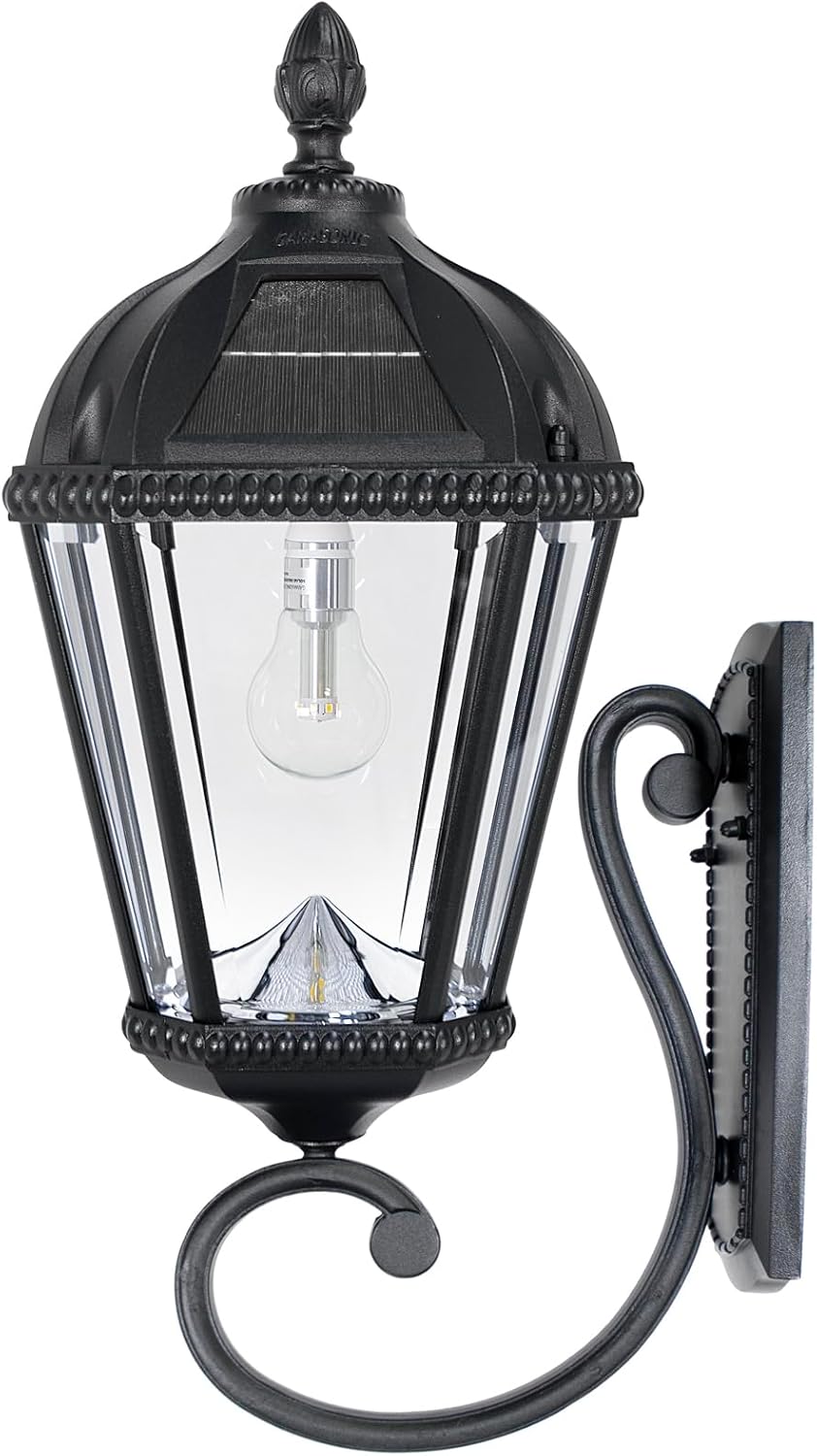 Gama Sonic Solar Outdoor Wall Light, Royal Bulb Exterior Sconce Lamp, Black Cast Aluminum, Clear Beveled Glass, Warm White LED with Omni-Direction Reflector, Large 21-Inch Height, 98B010 (Upgraded)