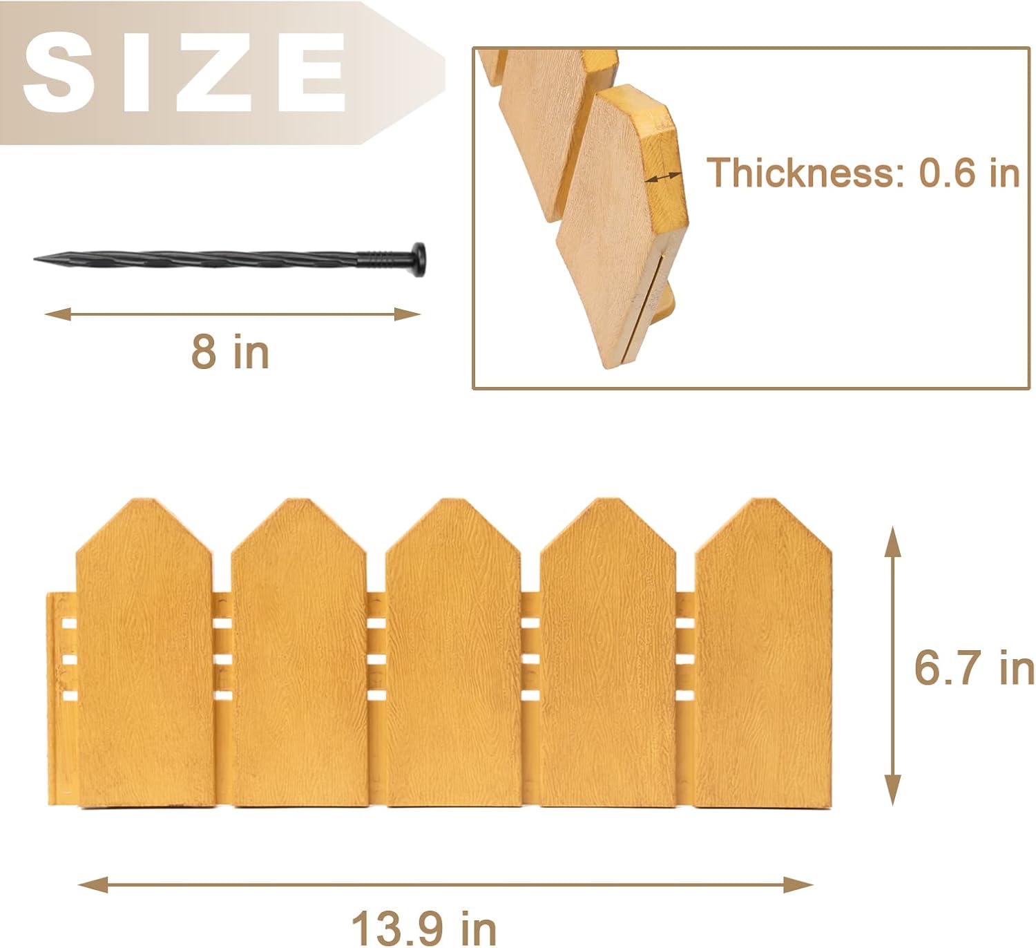 Landscape Edging Kit 6.7 in Tall Decorative Double-Sided Wood-Look Fence Garden Border, Flower Bed Edging with 30 Anchoring Spikes, 13.9 Foot Kit (Wood)