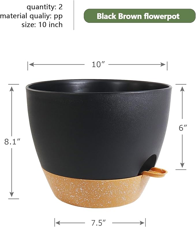 10 inch Self Watering Pots, 2 Pack Plastic Planters with Mesh Drainage Holes for Garden Plants and Flower, Plants Pots with Deep Reservoir for Indoor Outdoor Plants, Black with Brown