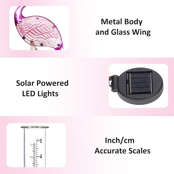 LEWIS&WAYNE 43’’ Solar Flamingo Rain Gauge Outdoor Decorative Metal Stake LED Lights with Glass Tube Solar Pathway Lights for Garden, Yard, Patio, Lawn Decor