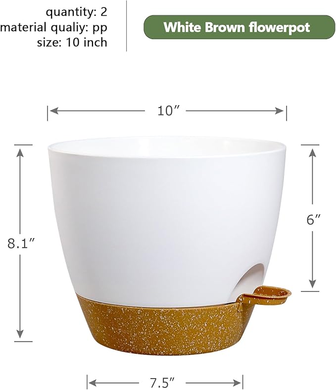 10 inch Self Watering Pots, 2 Pack Plastic Planters with Mesh Drainage Holes for Garden Plants, Plants Pots with Deep Reservoir for Indoor Outdoor Plants, White with Brown
