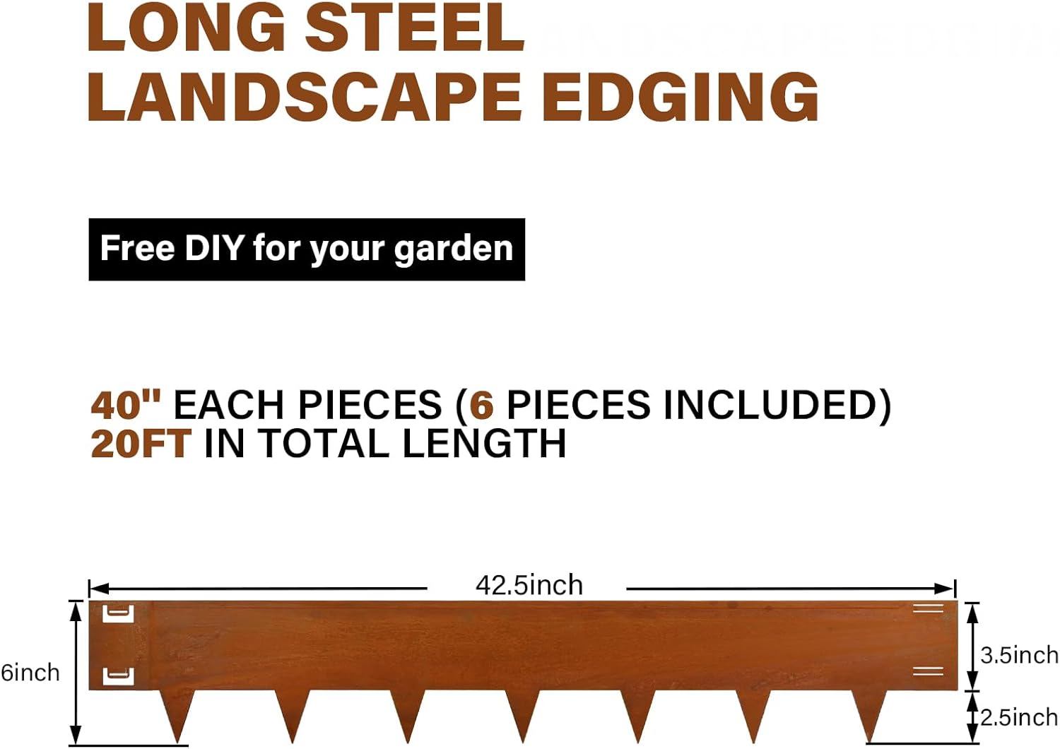 Cor-Ten Steel Landscape Lawn Edging, 40" L x 6" H,6 Pack Steel Edging for Landscaping,Metal Landscape Edging, Metal Edging for Landscaping(180 Degree Bend, Rusted)