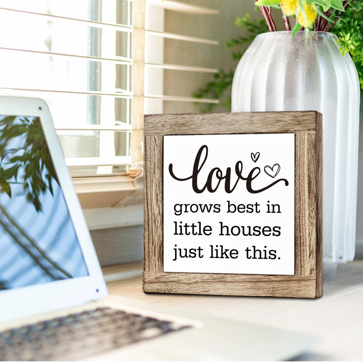 Farmhouse Wood Sign, Love Sign, Wooden Box Sign Plaque, Home Decor, Living Room Decor, Desk Decor Art, Freestanding Sign, Rustic Table Decor, Love Grows Best In Little Houses Just Like This Sign
