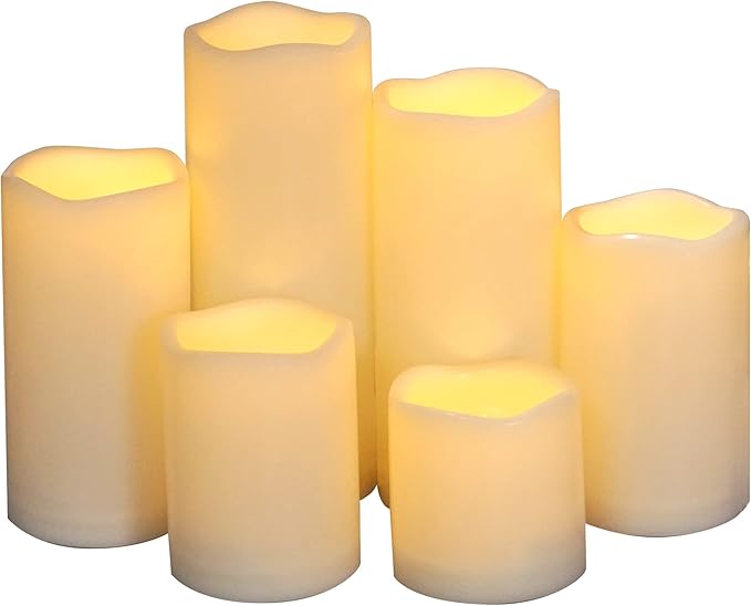 Waterproof Outdoor Battery Operated Flameless Pillar Candles with Timer White Plastic Realistic Flickering Fake Electric LED Lights for Lantern Garden Wedding Christmas Decorations 6 Pack