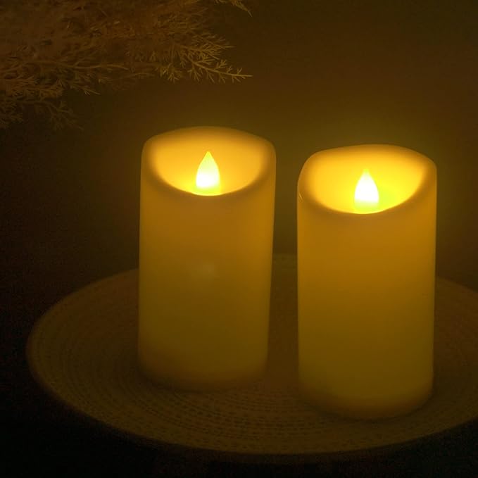 Waterproof Outdoor Battery Operated Flameless Pillar Candles with Timer White Plastic Realistic Flickering Fake Electric LED Lights for Lantern Garden Wedding Christmas Decorations 3”x5” 2 PCS