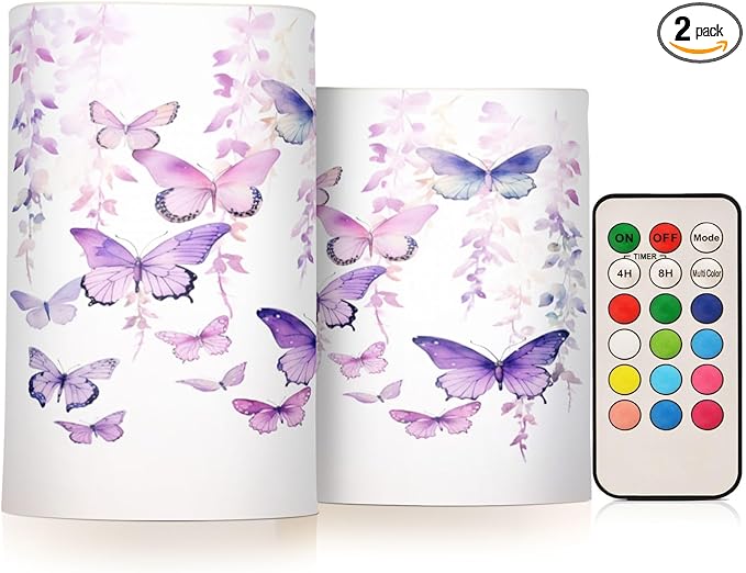 Flickering Flameless Candles, Butterflies Purple LED Candles with Remote Timer, Set of 2 Battery Operated Candle for Valentine Wedding Birthday