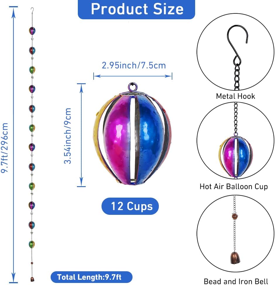 9.7 Ft Rain Chain, Hot Air Balloon Rain Chain for Gutters, 12 Cups Metal Rain Catcher Chain with Bell, Adjustable Length for Eaves Drainage, Replacement for Downspout