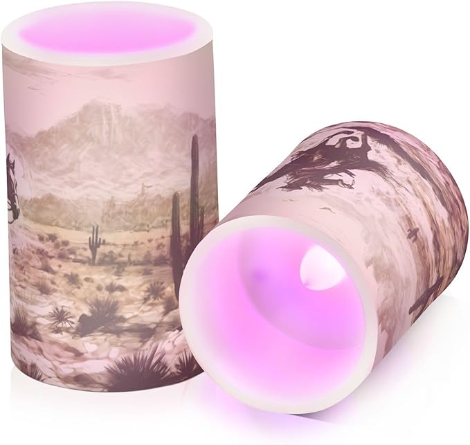 Western Desert Cowboy Flameless Candles with Remote Control and Timer, Adjustable Brightness Long Lasting Battery Operated LED Pillar Candles for Indoor Outdoor Party Home Decor, 2 Pack