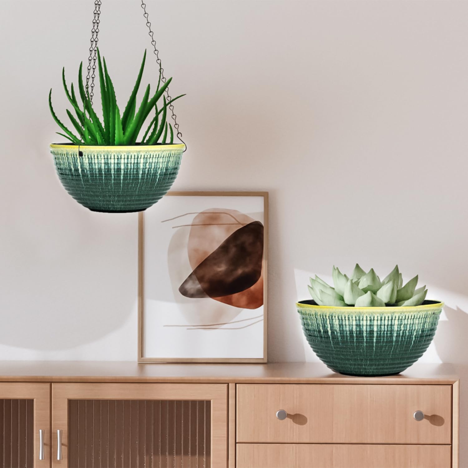 10in Hanging Planters for Indoor and Outdoor Plants, 2 Pack Hanging Planter with Drainage Hole, Round Hanging Flower Pots for Garden Home Decor (Green Glaze)