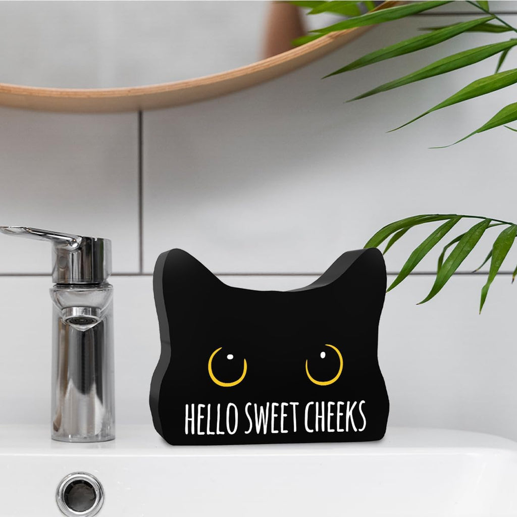 Sweet Cheeks Funny Bathroom Acrylic Decor Sign Black Cat Decor Cat Decor for Home Bathroom Cat Lover Gifts For Women Men