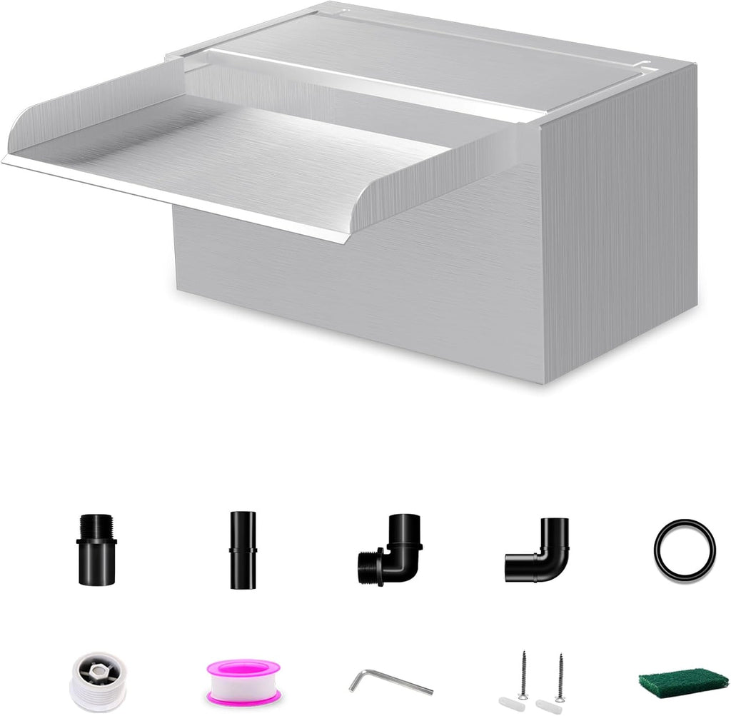 Waterfall Pool Fountain LONGRUNNEW 304 Stainless Steel 9.06" Rectangular Waterfall Spillway, Water Fall Fountain with Pipe Connector for Garden Outdoor, Swimming Pools, Fountains, Pond and Spa