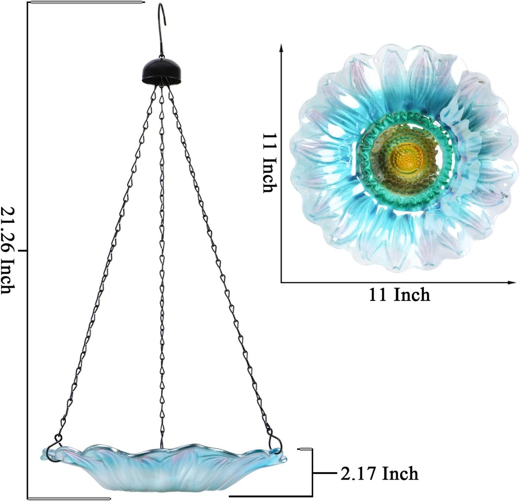 VCUTEKA Bird Bath, Glass Hanging Bird Baths for Outdoors Birdfeeder with 21 inch Rust-Proof Chain for Garden Yard Decor, Blue Daisy