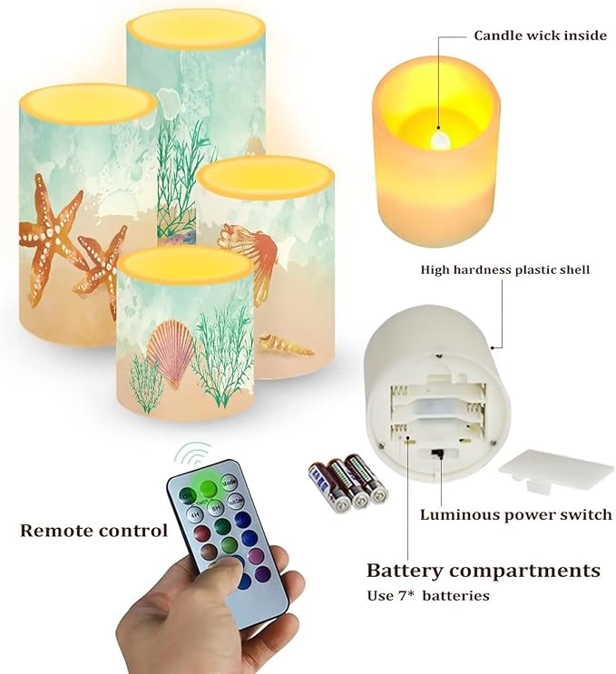 Beach Flameless Candles Battery Powered with Multicolor Timer Remote Control Everlasting Fake Candles for Coastal Marine Garden Indoor Outdoor Decor, Starfish Seashell Coral