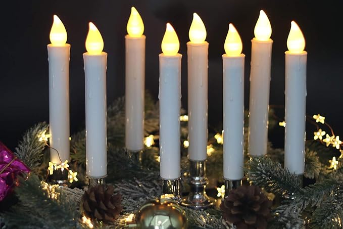 DRomance 9" Flameless Window Taper Candles Battery Operated with 8-Key Remote and Timer, 8 Pack White Christmas Holdiay Window Candles with Silver Holders, Suction Cups and AA Batteries Included