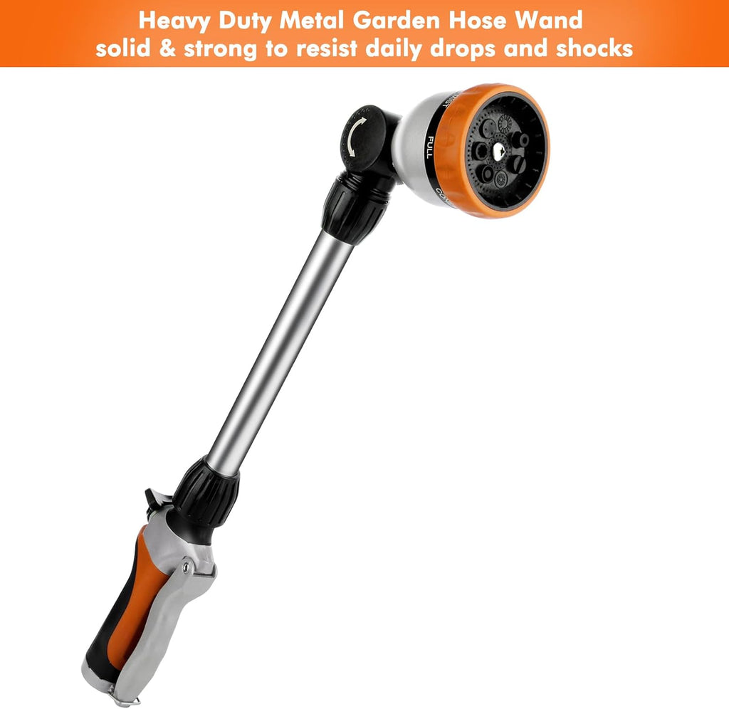 RESTMO Metal Watering Wand, Heavy Duty Garden Hose Wand with 180° Swivel Ratcheting Head, 16'' Hose Nozzle Sprayer with 7 Spray Patterns and Flow Control, for Water Hanging Baskets and Shrubs, Orange