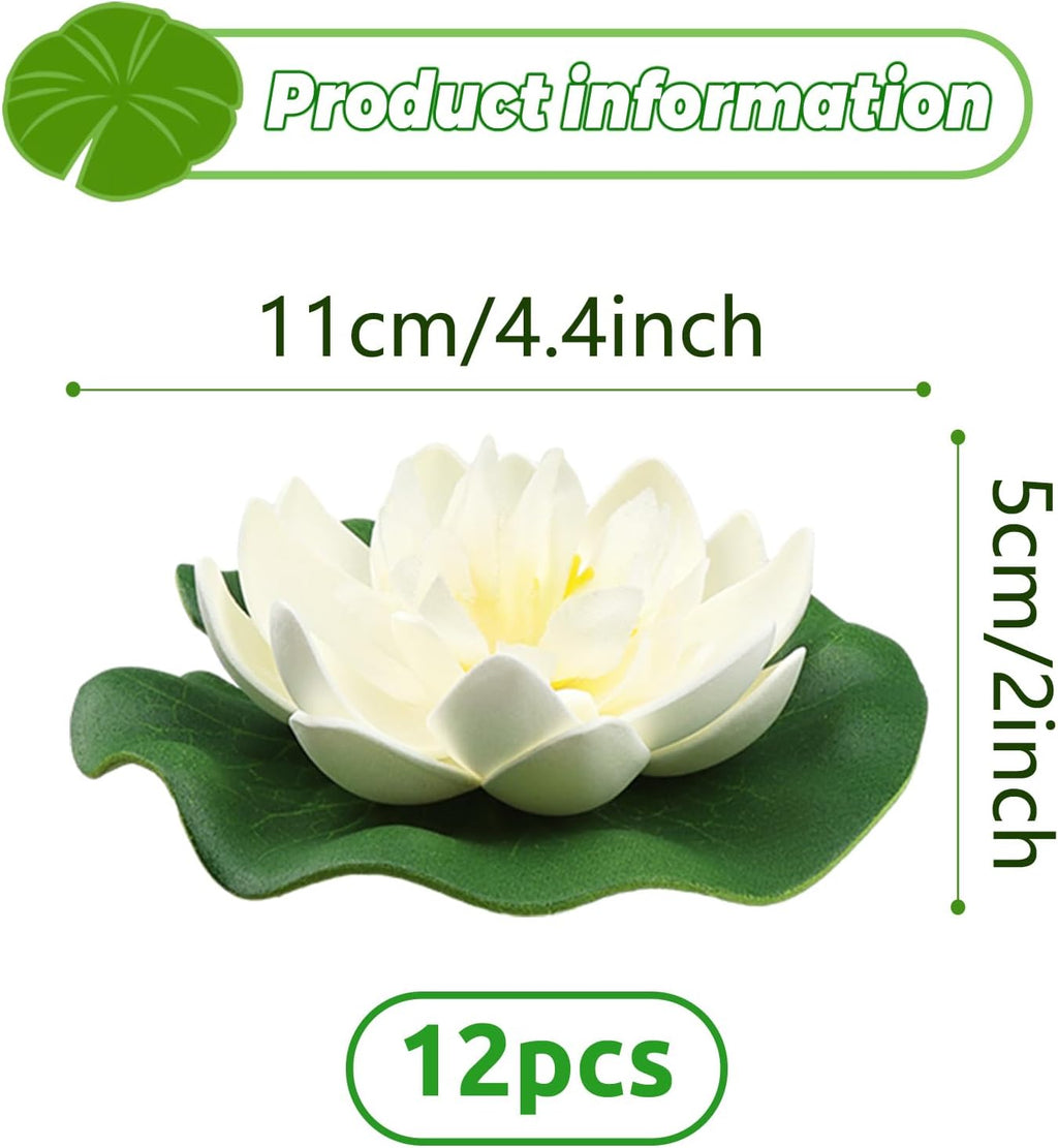 12pcs Floating Foam Lotus Flowers with Lily Pads, Artificial Pond Plants Ornaments for Pool Aquarium Water Decoration, White